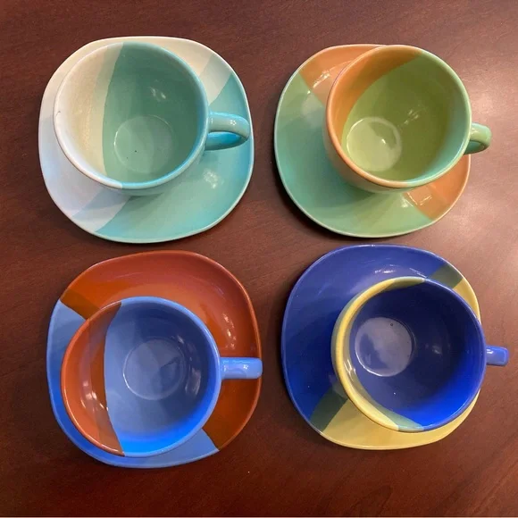Sky Canyon Color Block Stoneware Cup & Saucer Set of Four - Picture 2 of 6